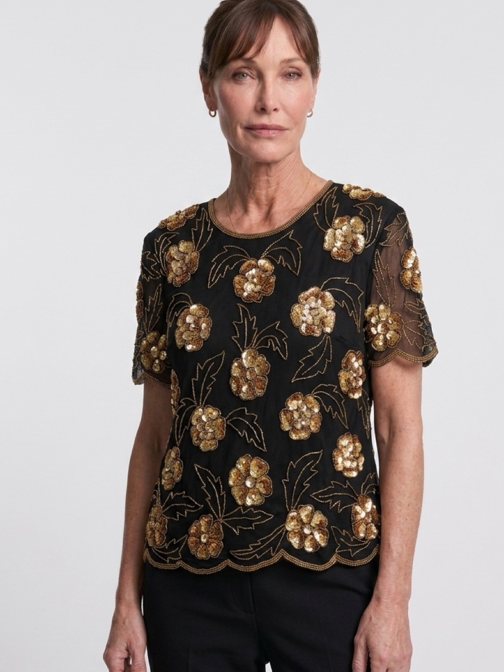 VINTAGE STENAY Blouse Top 100% Silk Black with Gold Sequin Women Plus Size 18